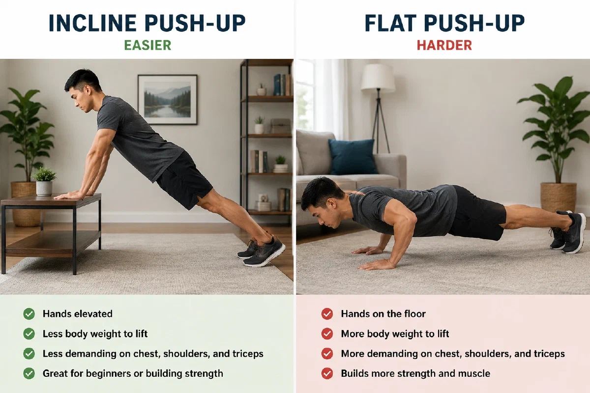 A man performing an inclined pushup and a flat pushup