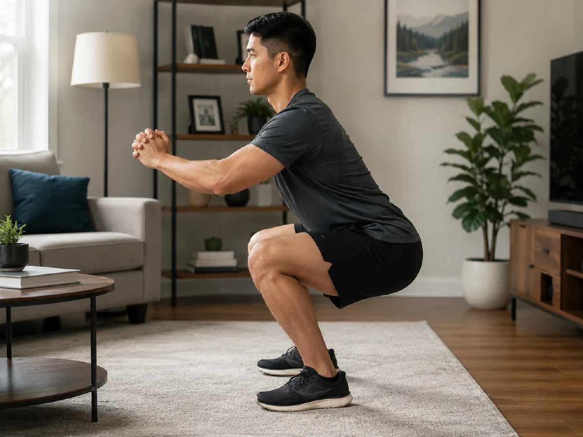 A man performing a bodyweight squat
