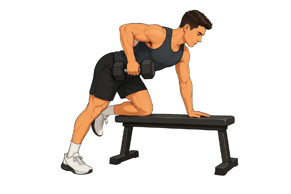 A man performing a dumbbell row on a bench