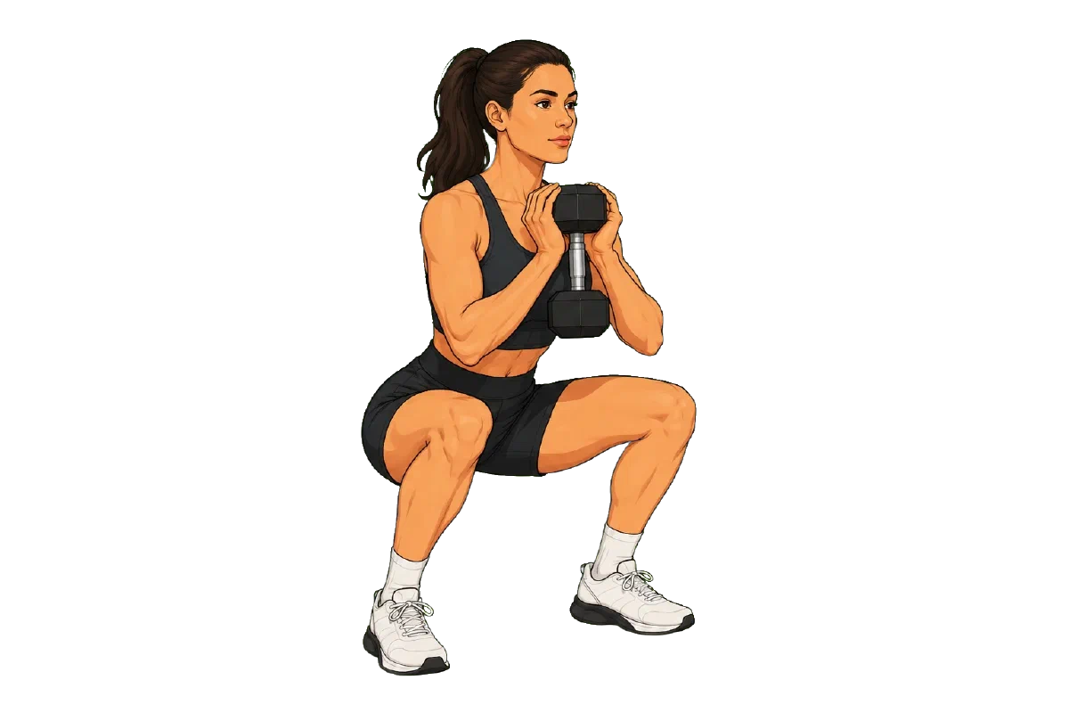 A woman performing a goblet squat with a dumbbell